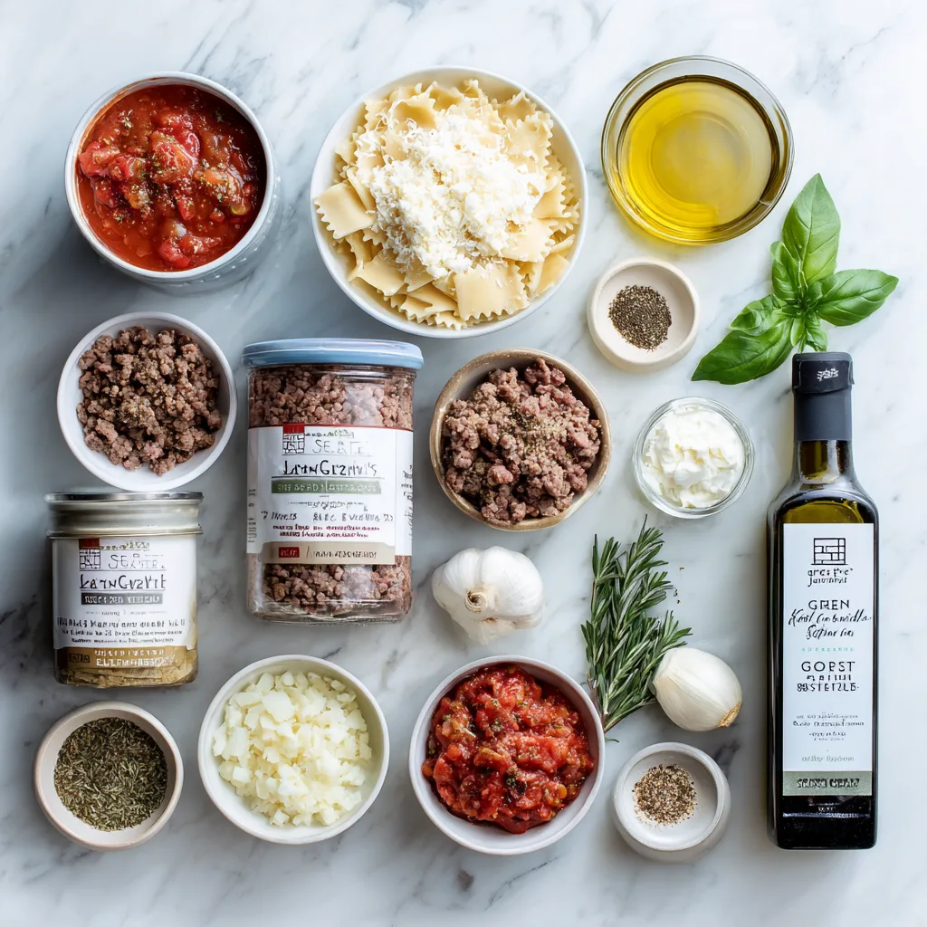 Zutaten für Lasagna Soup Dekonstruiert flach liegend auf Marmor