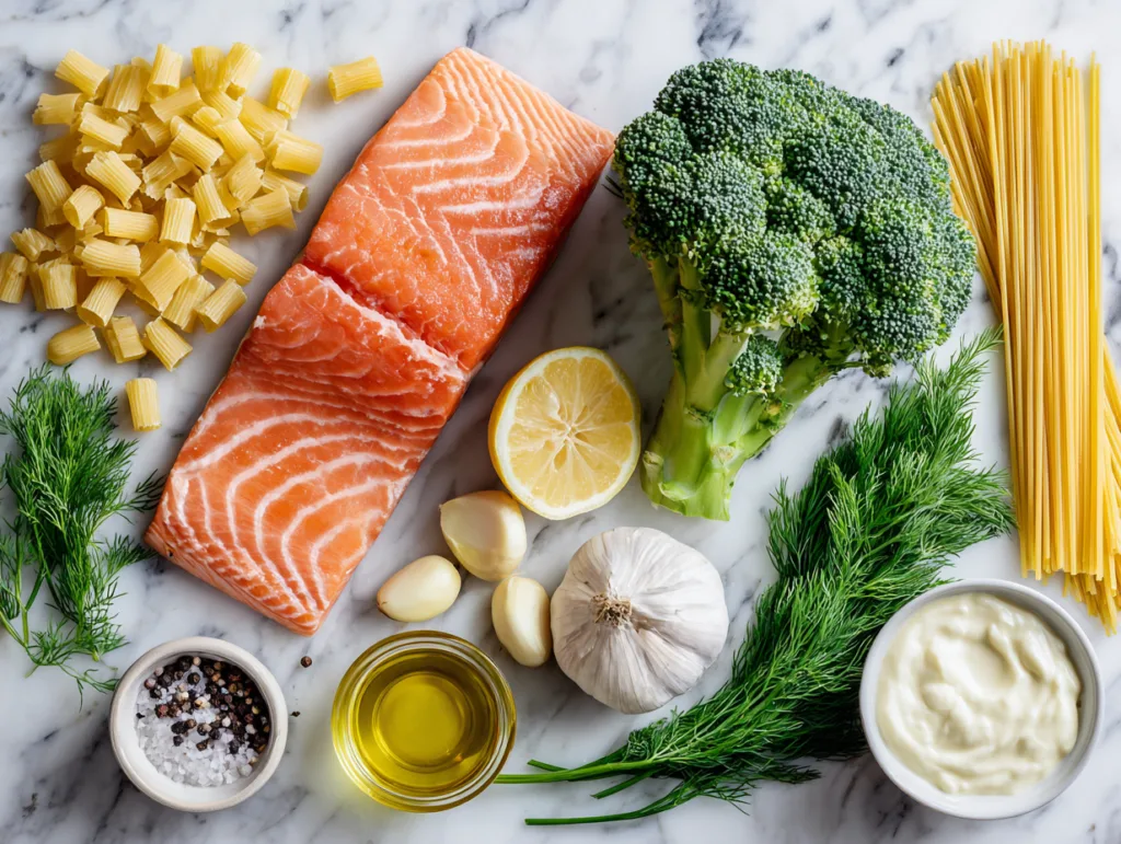 Zutaten für Nudeln mit Brokkoli und Lachs auf Marmortisch