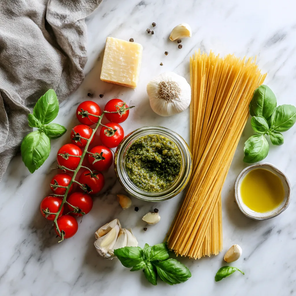 Zutaten für Nudeln mit Pesto und Kirschtomaten auf Marmoroberfläche