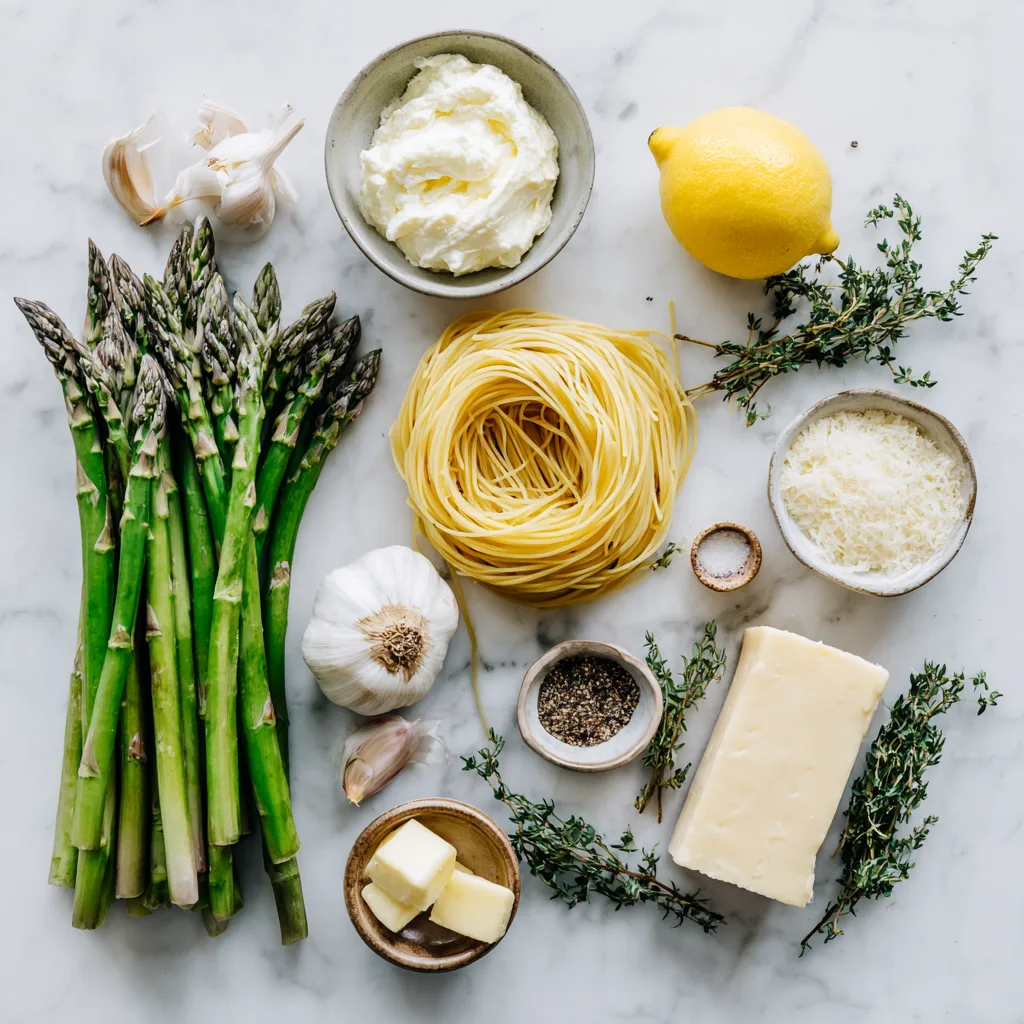 Alle Zutaten für Spargel-Pasta mit Zitronenrahmsauce als Flat-Lay auf Marmor