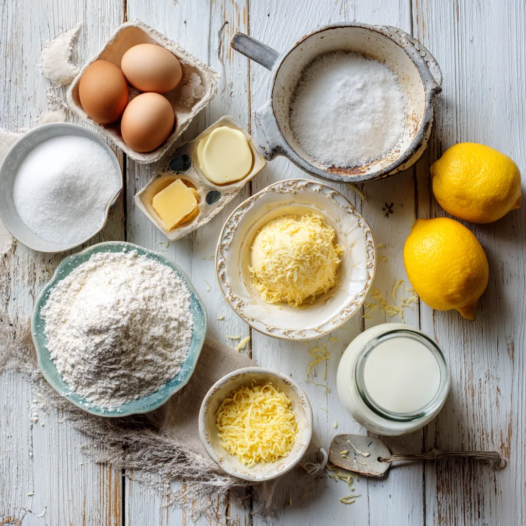 Alle Zutaten für spritzige Zitronen-Cupcakes auf einem Holztisch