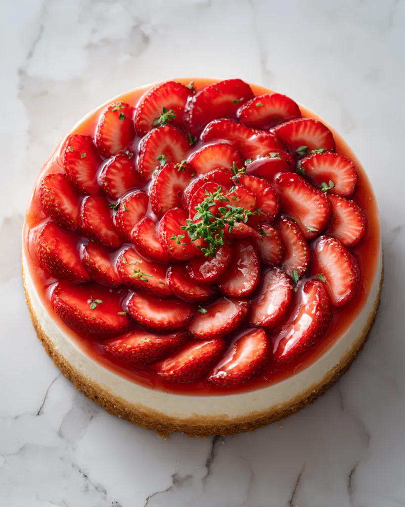 Erdbeerkuchen ohne Backen mit Keksboden und frischen Erdbeeren – Draufsicht