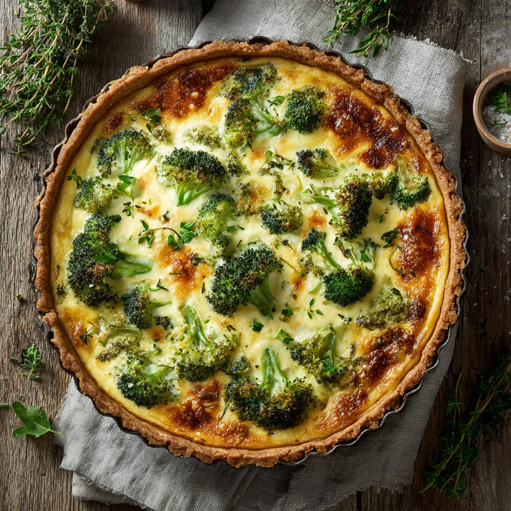 Brokkoli-Käse-Quiche von oben in einer rustikalen Keramikform
