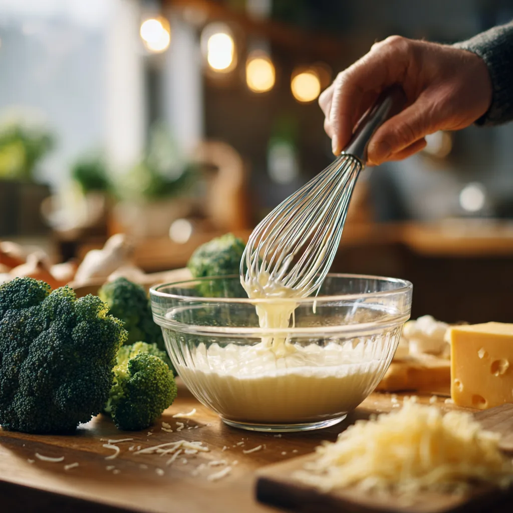 Eiermasse für Brokkoli-Käse-Quiche wird gerührt