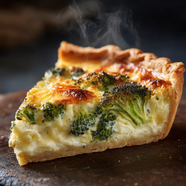 Nahaufnahme eines Stücks Brokkoli-Käse-Quiche mit cremiger Füllung
