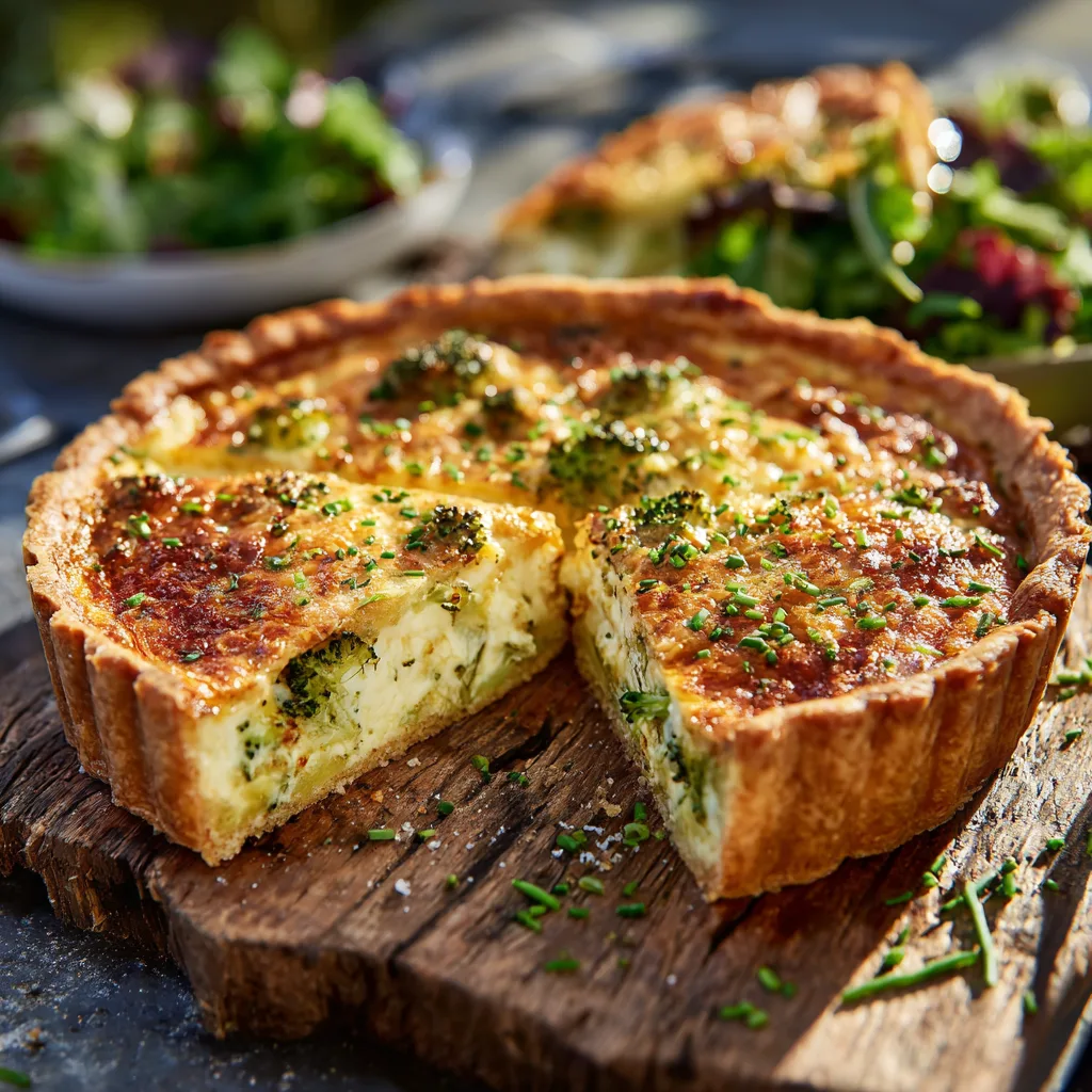 Fertige Brokkoli-Käse-Quiche angeschnitten auf einem Holzbrett serviert