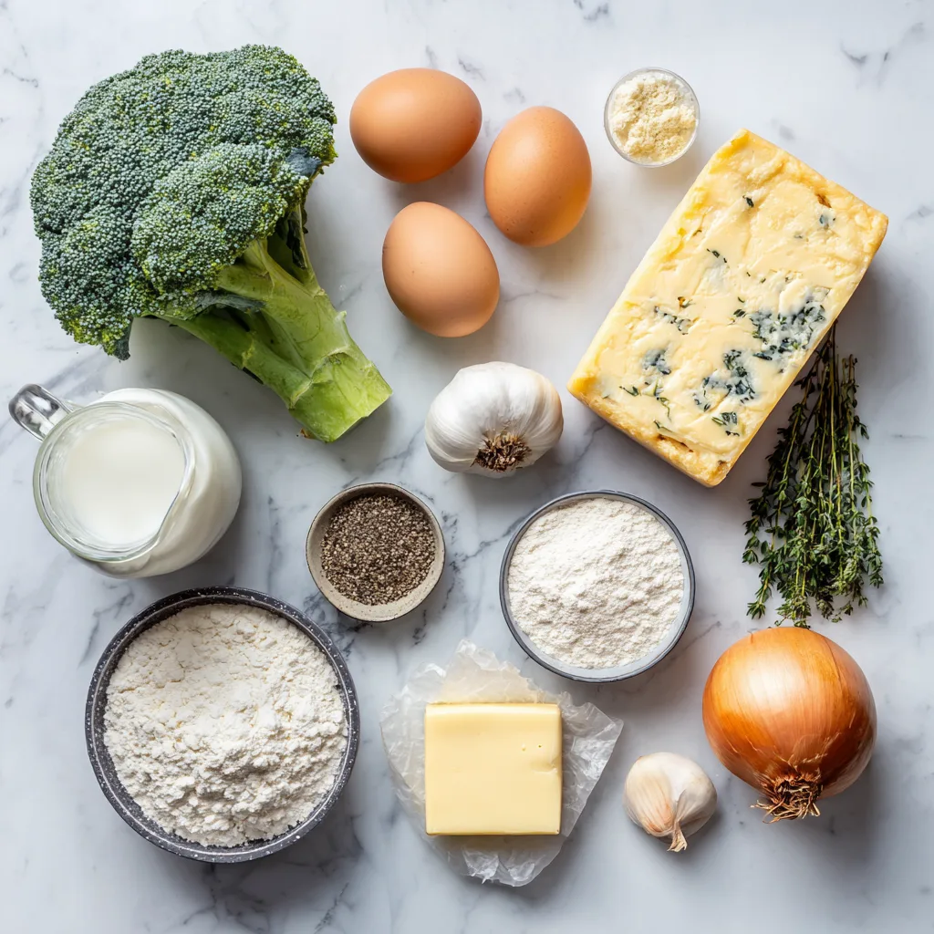 Alle Zutaten für eine Brokkoli-Käse-Quiche auf Marmor