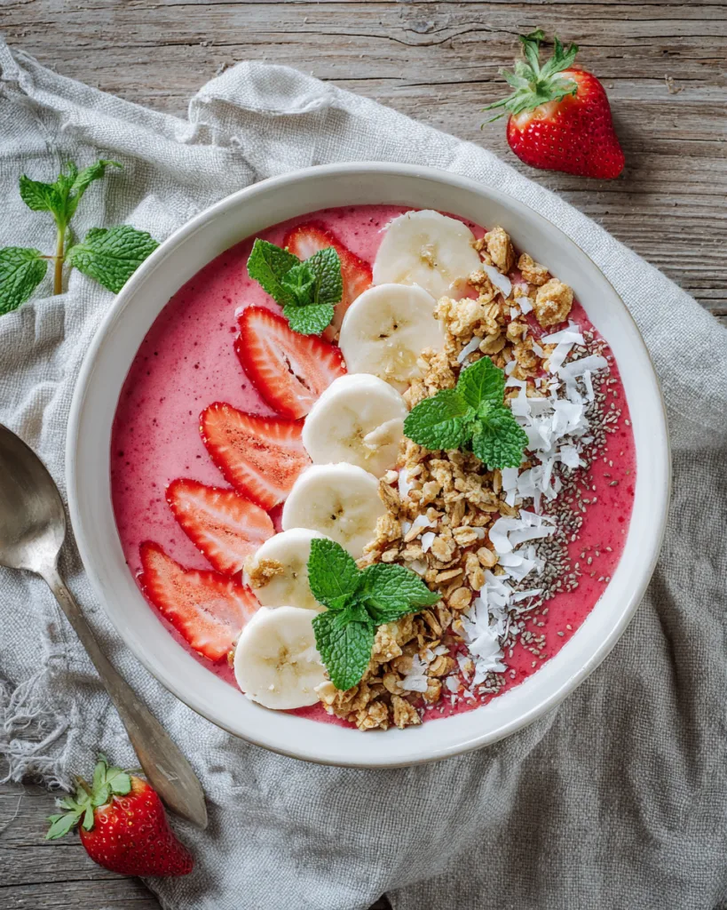 Erdbeer-Smoothie-Bowl vegan Draufsicht mit frischen Erdbeeren und Granola
