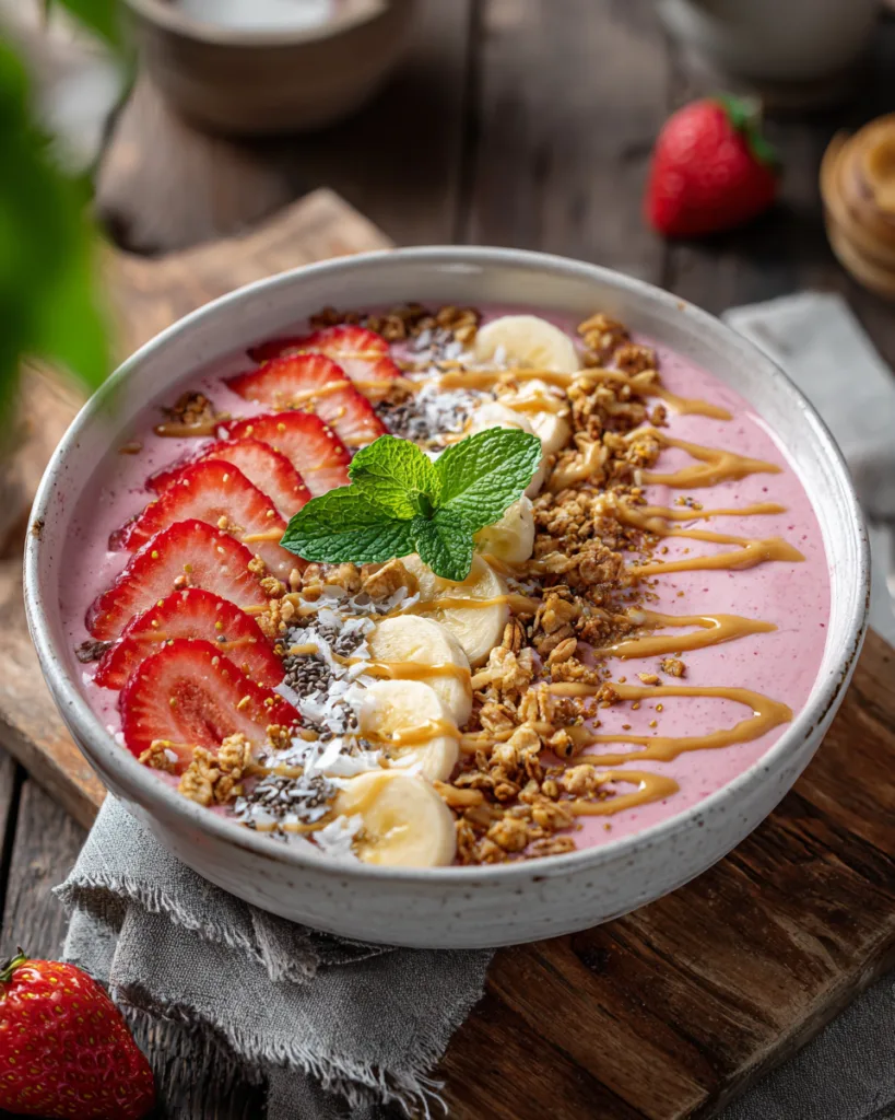 Fertige vegane Erdbeer-Smoothie-Bowl mit Granola, frischen Erdbeeren und Minze