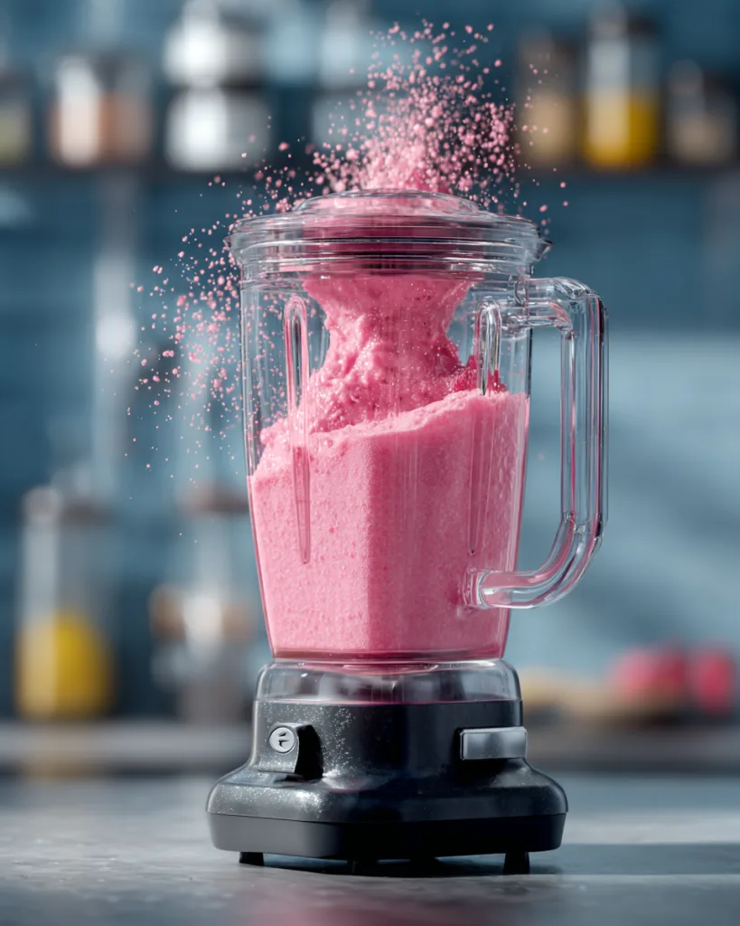 Mixer mit dicker rosa Erdbeermasse für die vegane Smoothie Bowl