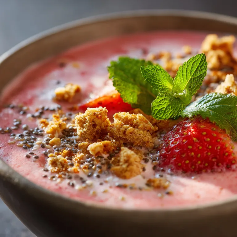 Nahaufnahme der cremigen Textur einer veganen Erdbeer-Smoothie-Bowl