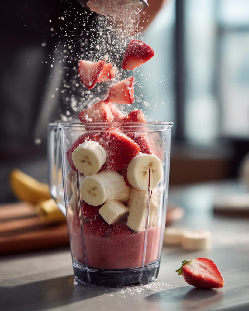 Gefrorene Erdbeeren und Banane in den Mixer geben für die vegane Erdbeer-Smoothie-Bowl