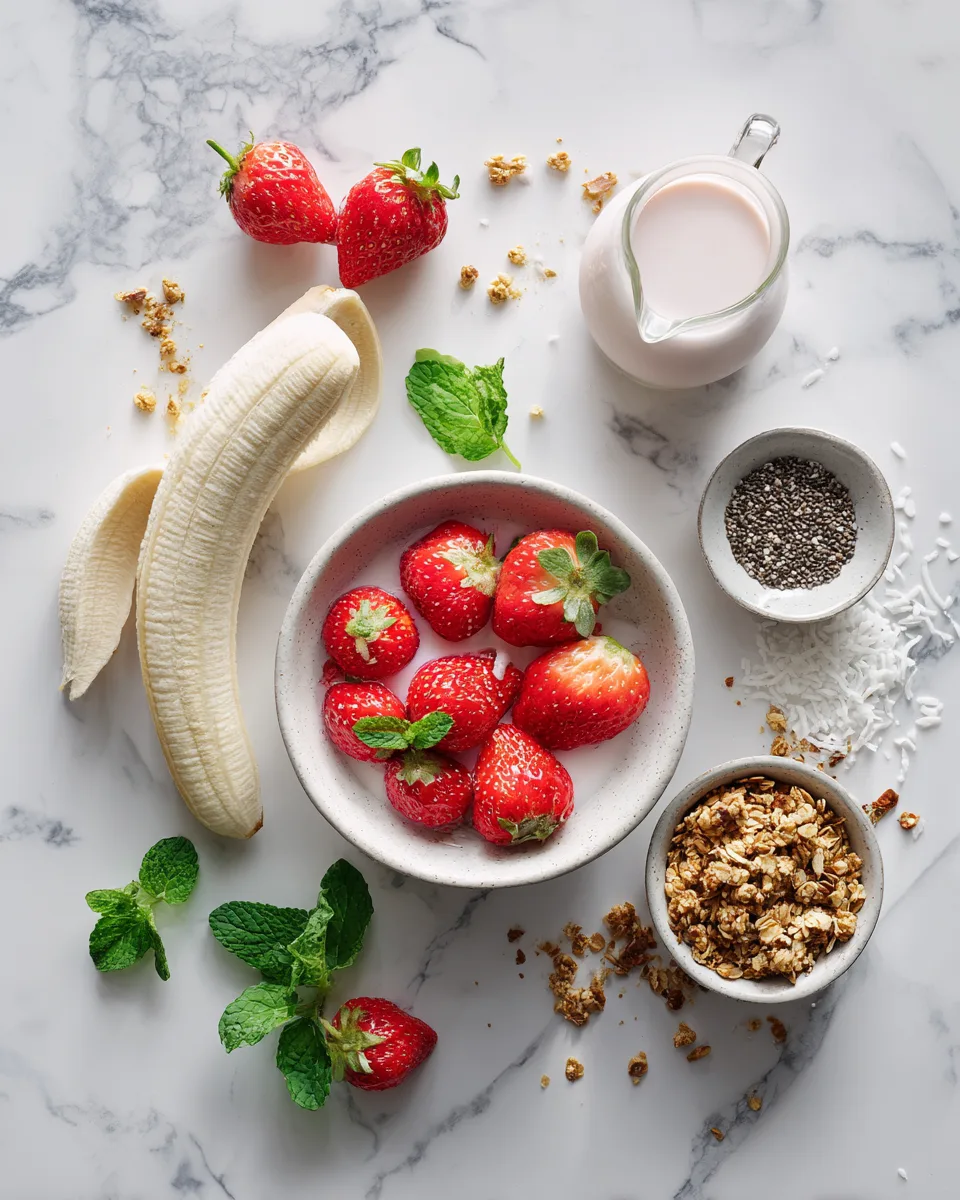 Alle Zutaten für eine vegane Erdbeer-Smoothie-Bowl auf weißem Marmorhintergrund