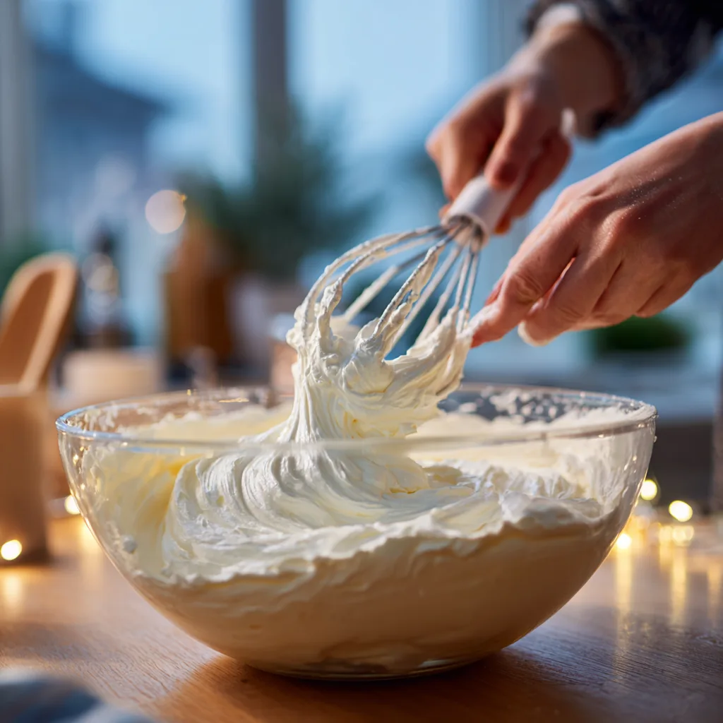 Mascarpone-Sahne-Creme für Erdbeer-Tiramisu-Torte unterheben