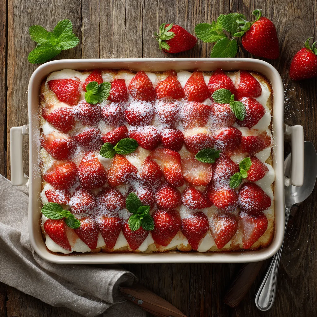 Erdbeer-Tiramisu-Torte von oben mit frischen Erdbeeren und Minze