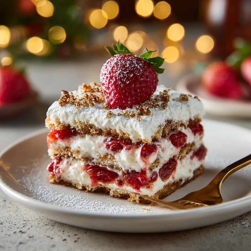 Fertige Erdbeer-Tiramisu-Torte Scheibe auf weißem Teller serviert