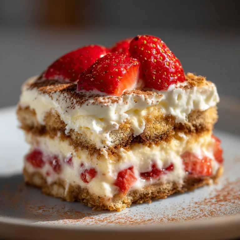 Nahaufnahme einer Erdbeer-Tiramisu-Torte mit Cremeschichten
