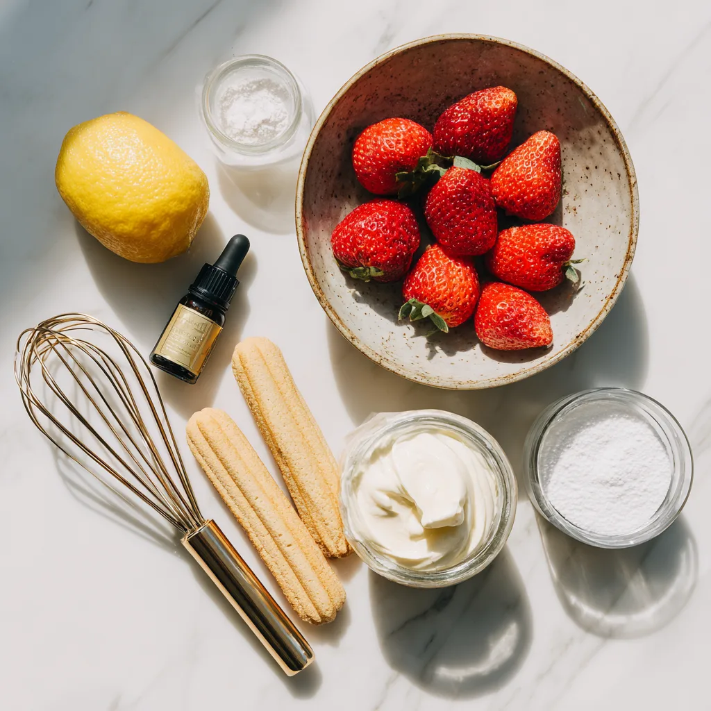 Zutaten für Erdbeer-Tiramisu-Torte auf weißem Marmorhintergrund