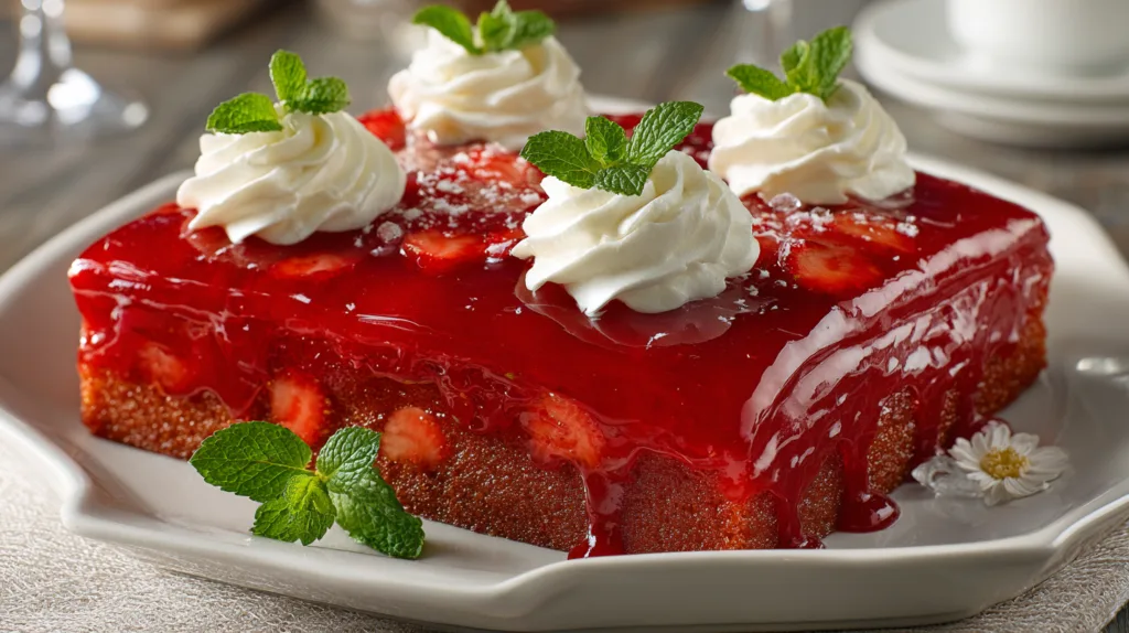 Fertiger Erdbeerkuchen vom Blech mit Tortenguss garniert