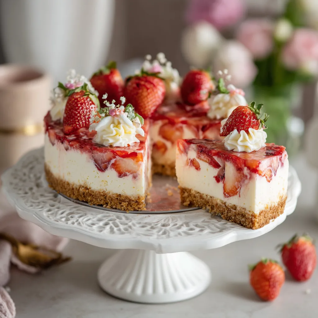 Fertiger Erdbeerkuchen ohne Backen auf Kuchenständer mit angeschnittener Portion
