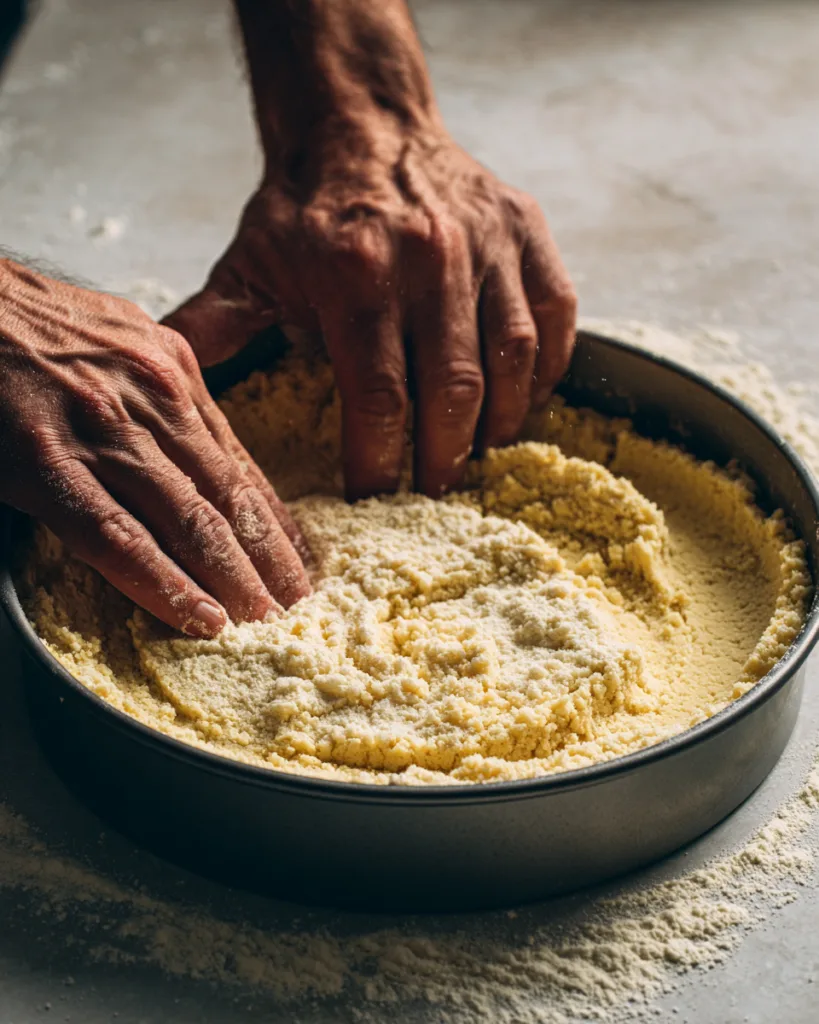 Keksboden für Erdbeerkuchen ohne Backen wird in Springform gedrückt