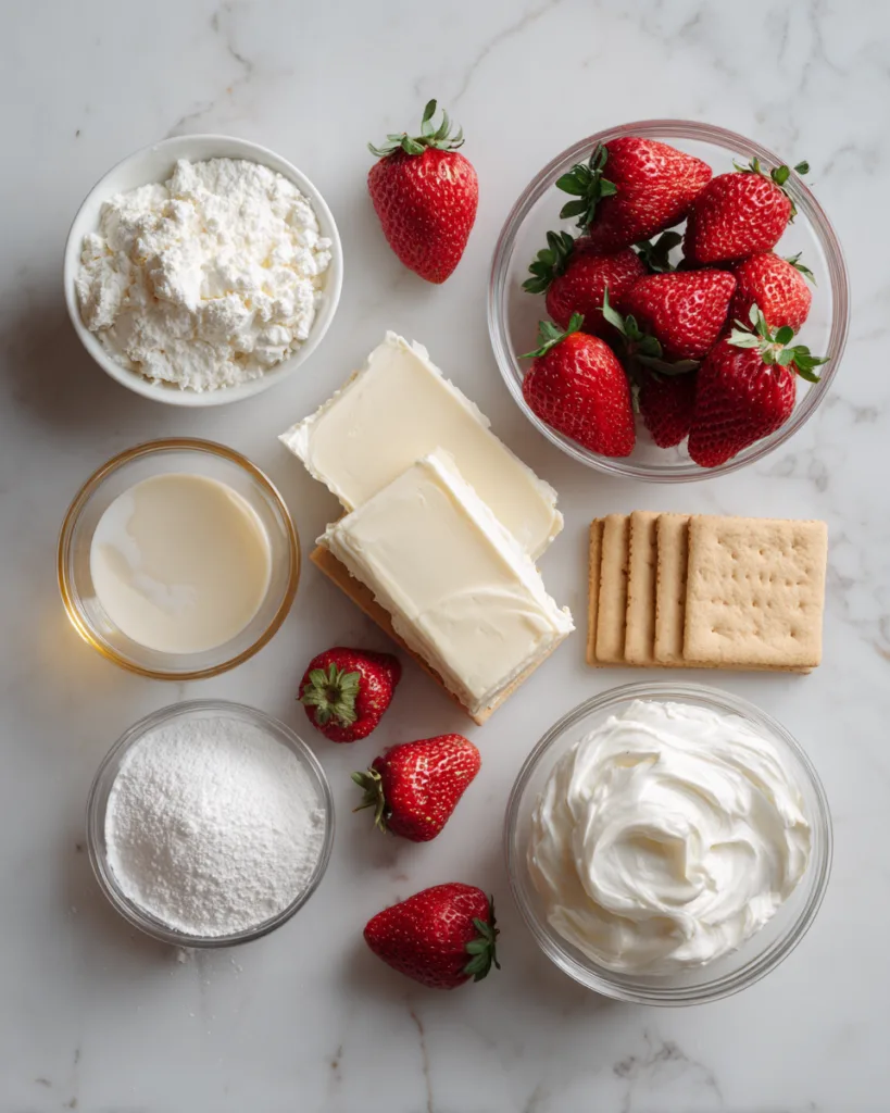Zutaten für Erdbeerkuchen ohne Backen – Flatlay mit frischen Erdbeeren und Frischkäse