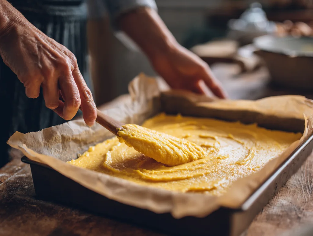 Teig für Erdbeerkuchen auf Backblech verteilen