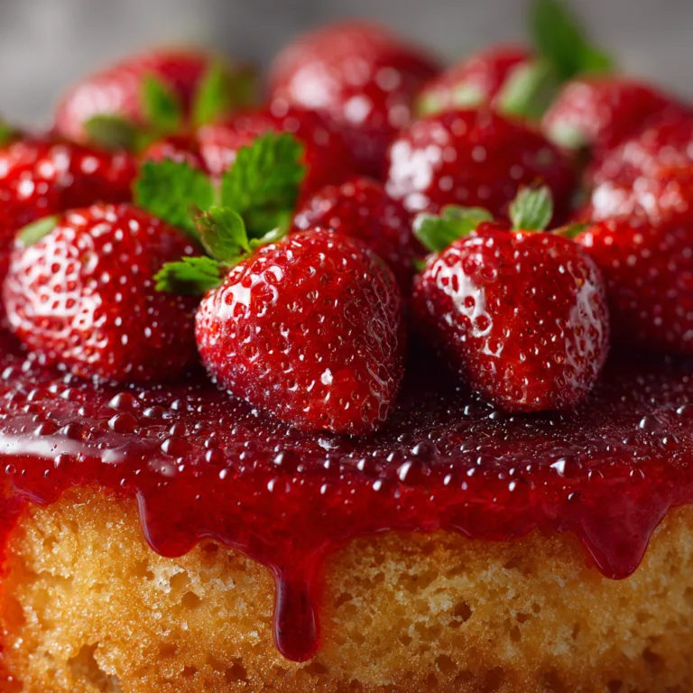 Nahaufnahme Erdbeerkuchen mit Tortenguss auf saftigem Boden