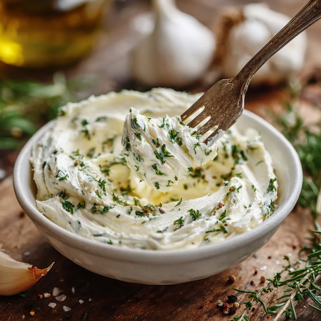 Frischkäse mit Kräutern und Knoblauch mischen