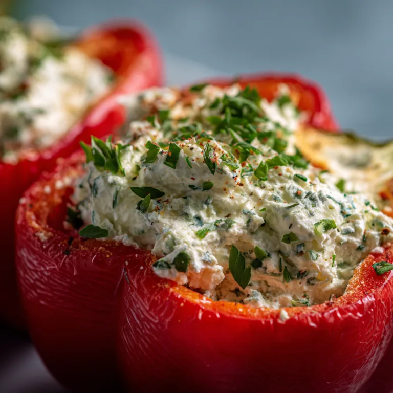 Nahaufnahme Frischkäsefüllung in roter Paprika mit Kräutern
