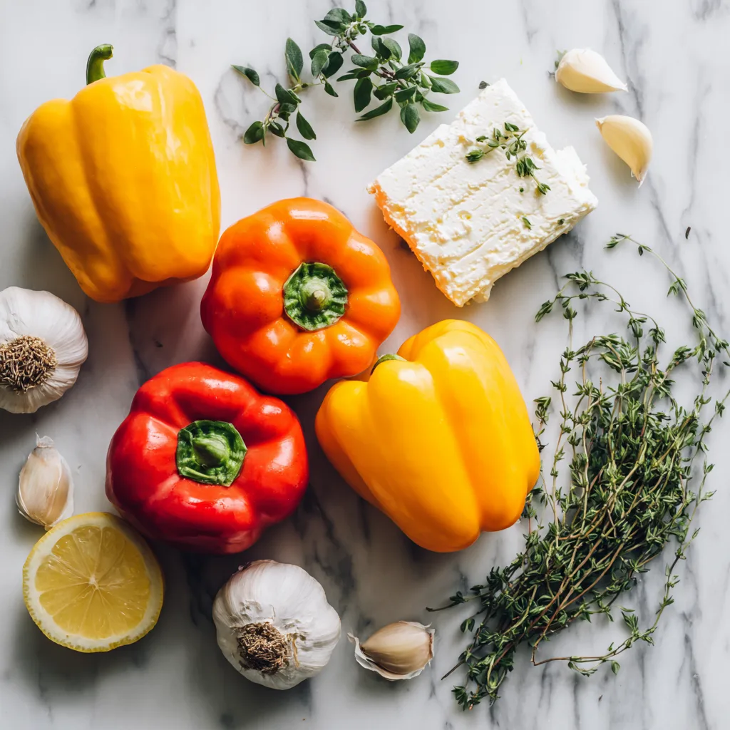 Flat Lay Zutaten für gefüllte Paprika mit Frischkäse