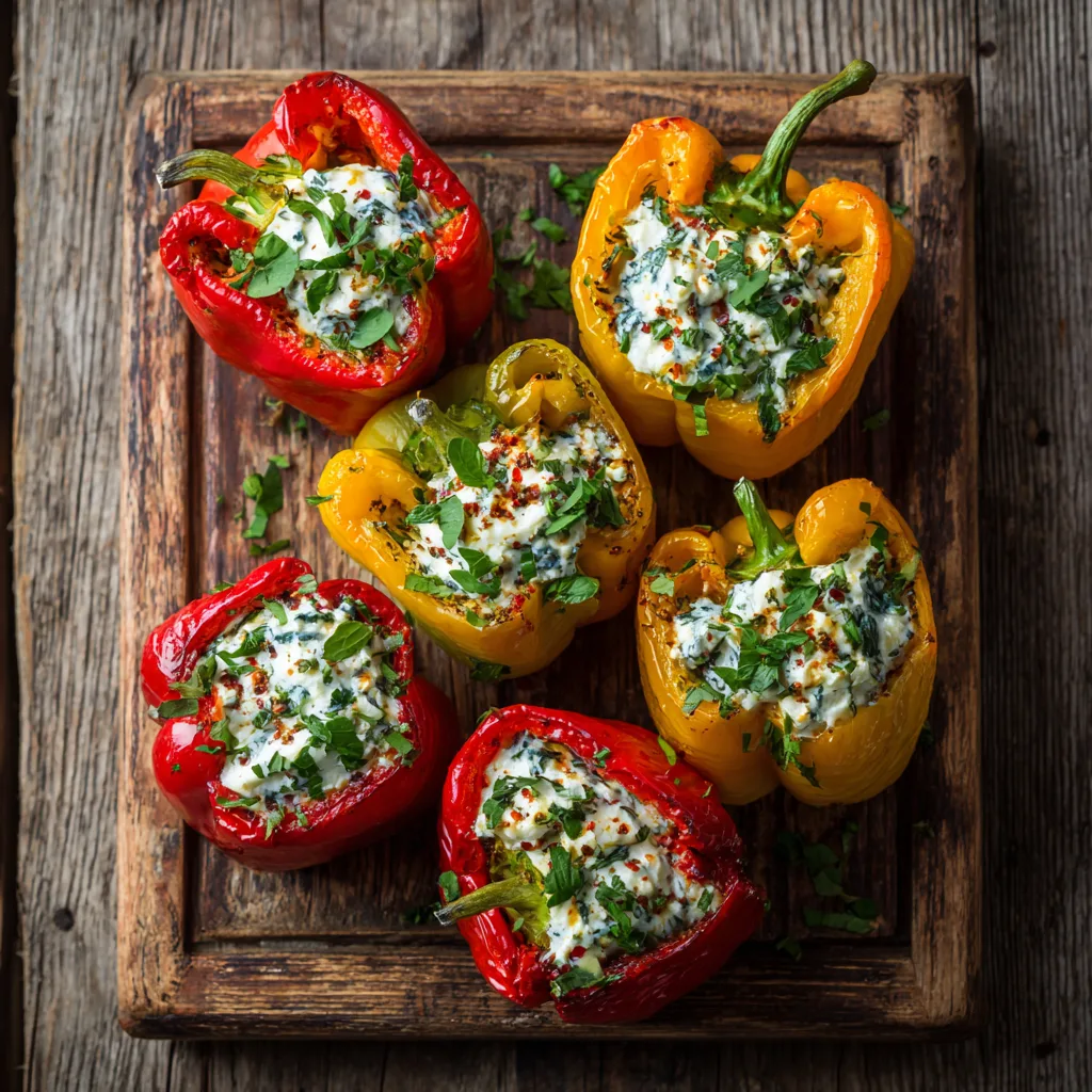 Gefüllte Paprika mit Frischkäse – Draufsicht auf buntem Holzbrett