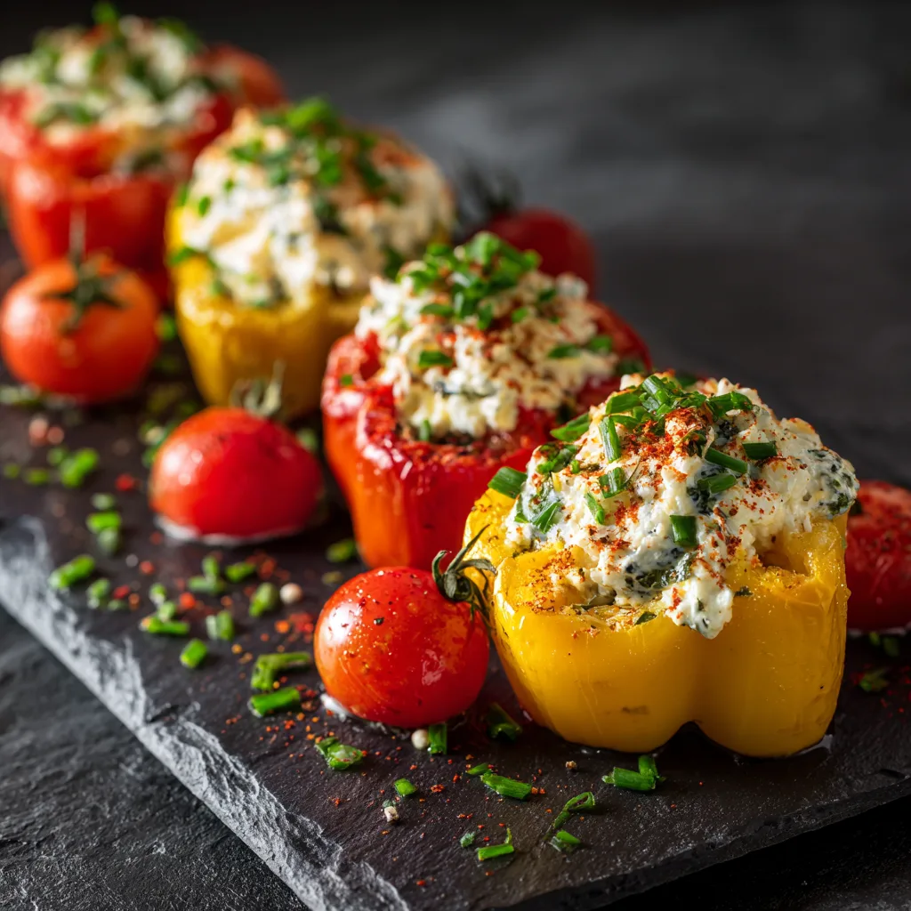 Fertige gefüllte Paprika mit Frischkäse auf Schieferbrett