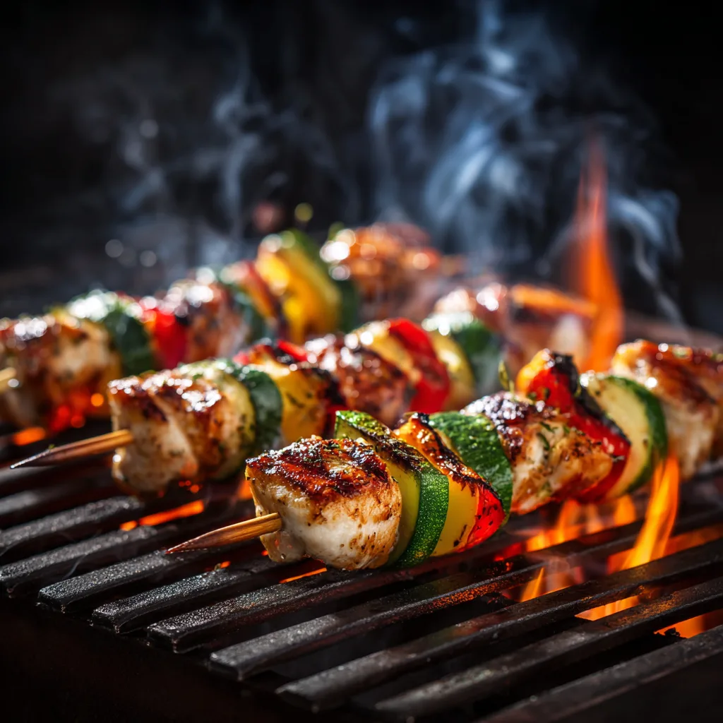 Hähnchenspieße mit Gemüse auf dem heißen Grill mit sichtbaren Grillstreifen