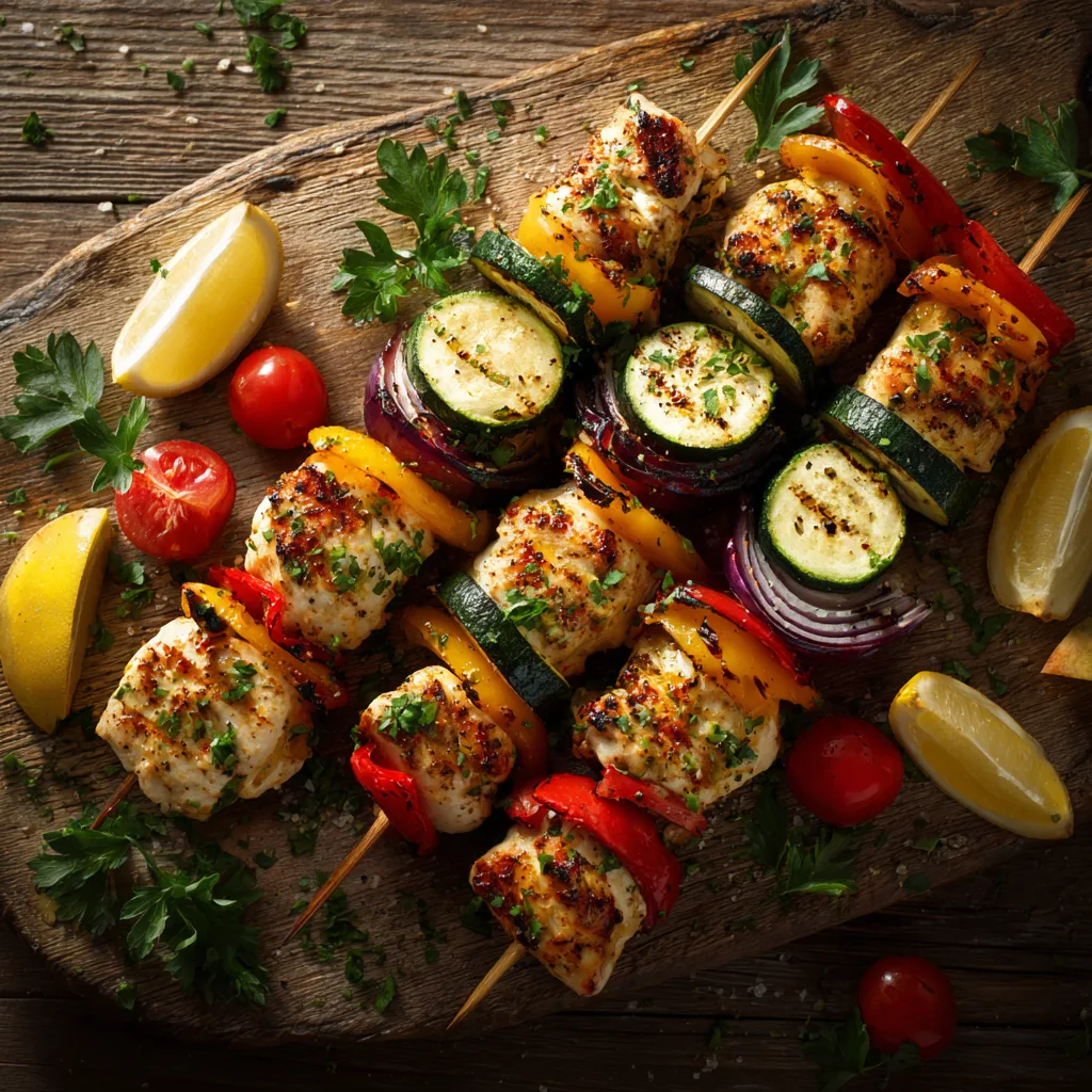 Hähnchenspieße mit Gemüse von oben auf einem rustikalen Holzbrett