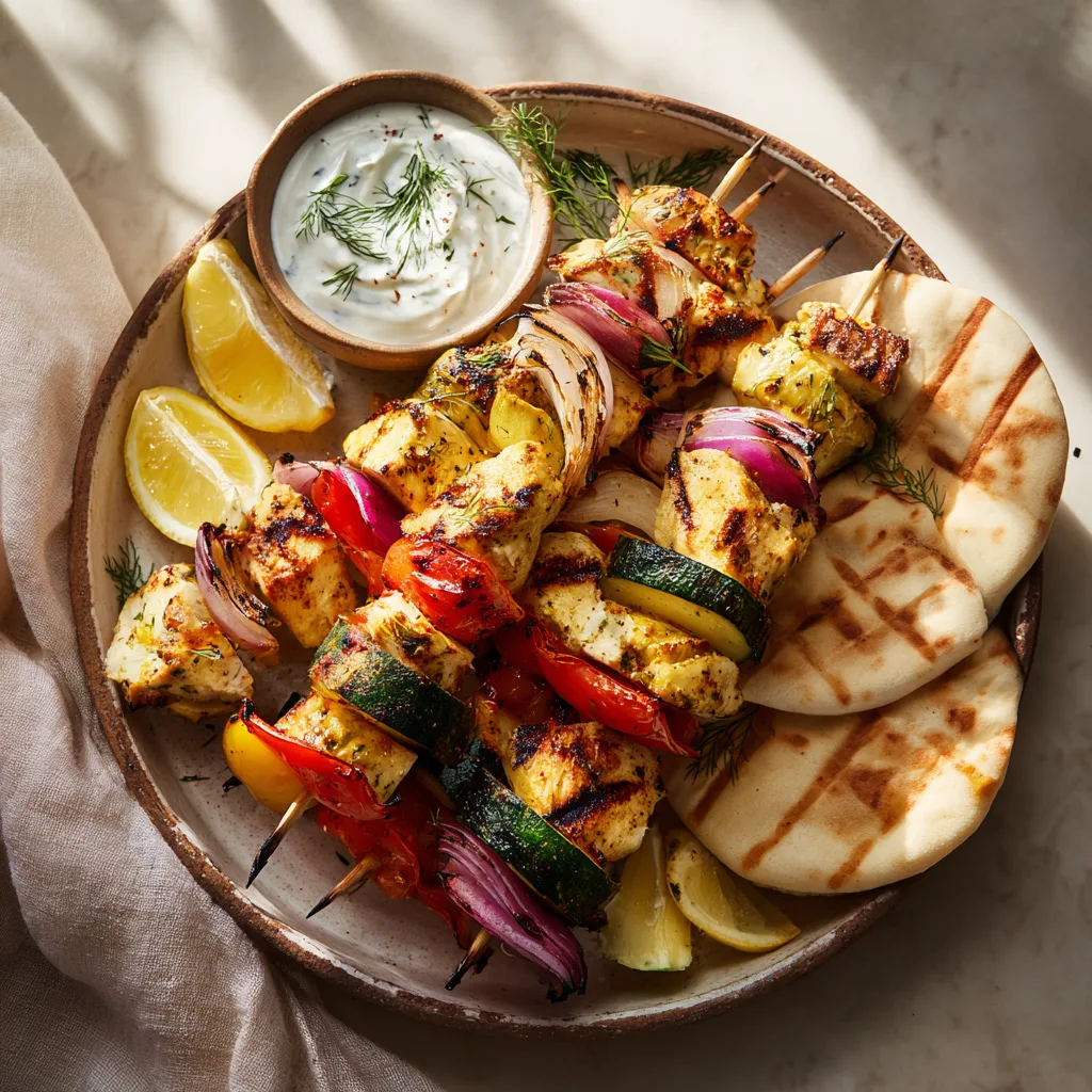 Fertig servierte Hähnchenspieße mit Gemüse auf Teller mit Tzatziki und Fladenbrot