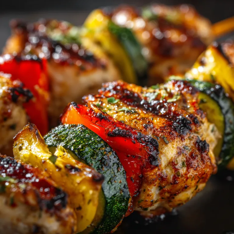 Nahaufnahme saftiger Hähnchenspieße mit Gemüse mit Grillspuren