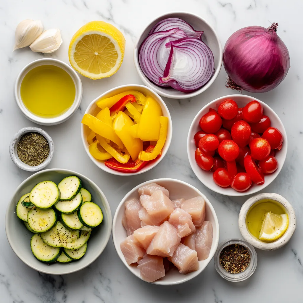 Alle Zutaten für Hähnchenspieße mit Gemüse flach liegend auf Marmorplatte