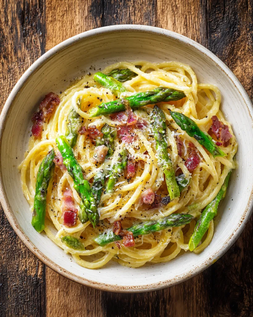 Spargel-Carbonara in einer weißen Schüssel von oben fotografiert