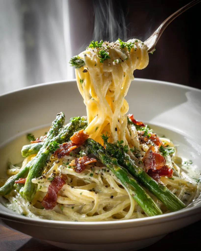 Fertig servierte Spargel-Carbonara mit Spargelspitzen und Pecorino im Pasta-Teller