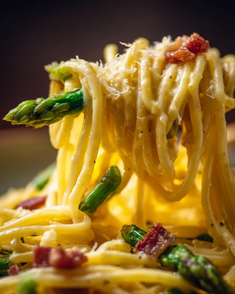 Nahaufnahme der cremigen Sauce der Spargel-Carbonara mit Spargelspitzen