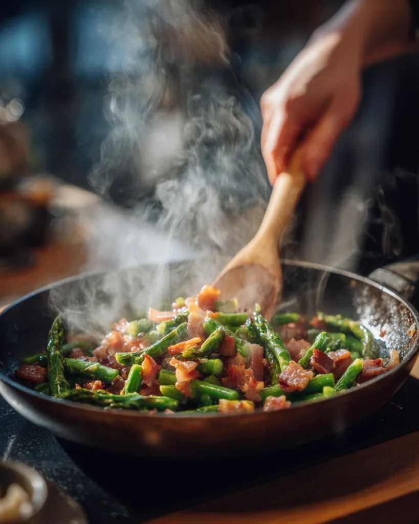 Pancetta und Spargel in der Pfanne anbraten für Spargel-Carbonara