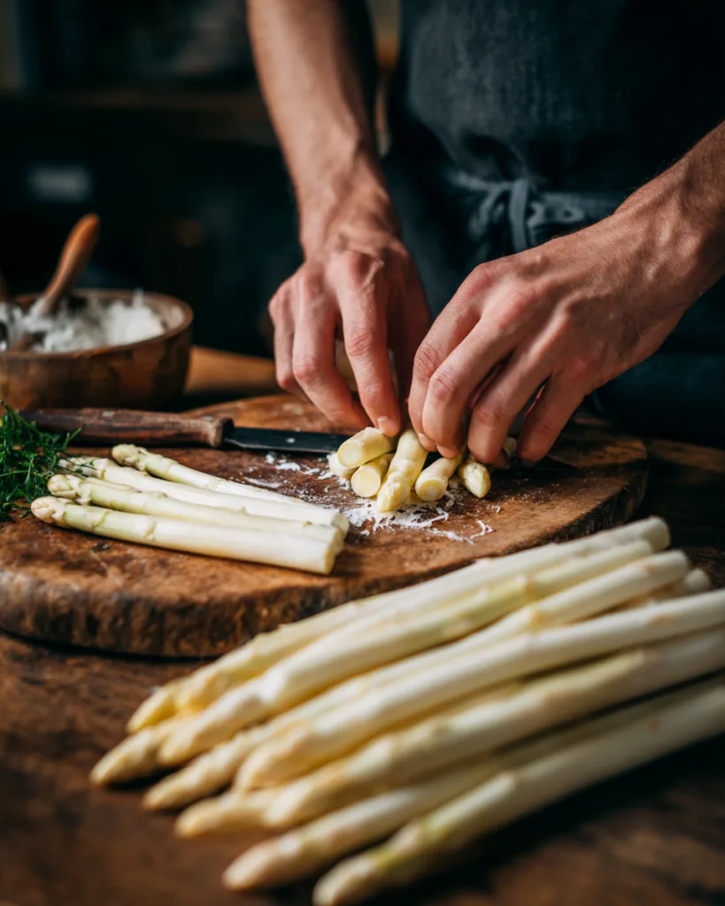 Weißen Spargel schälen als erste Vorbereitung für Spargel-Carbonara