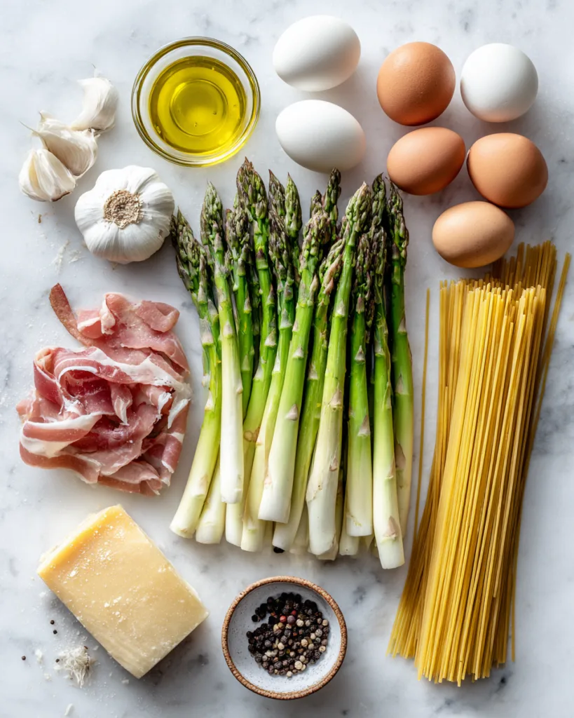 Alle Zutaten für Spargel-Carbonara auf Marmor angeordnet