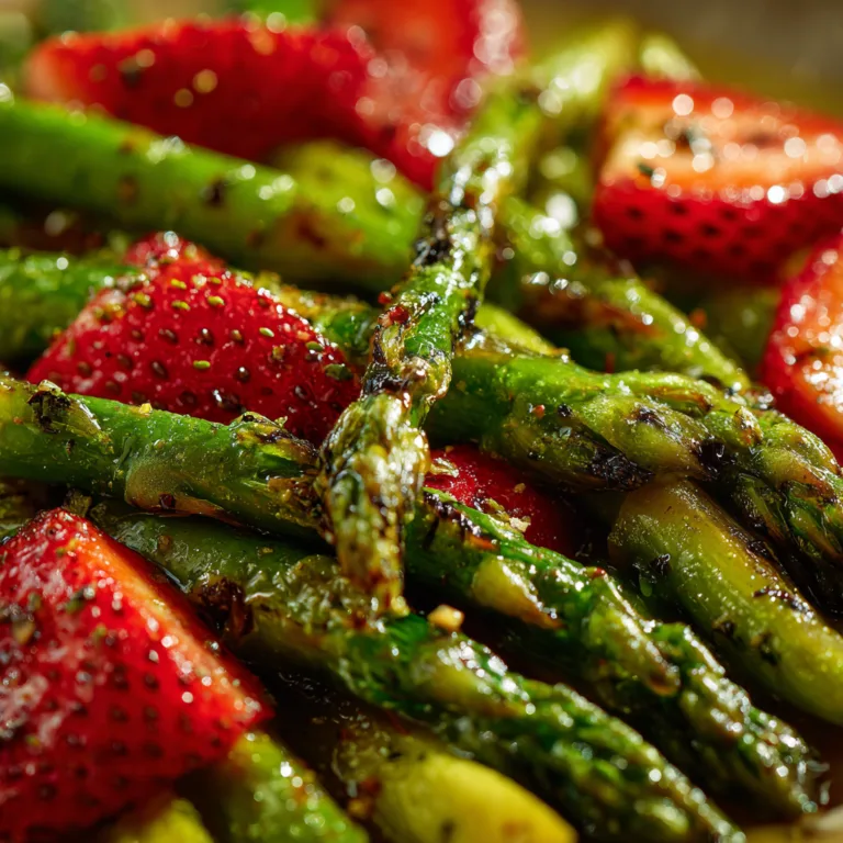 Nahaufnahme von grillfertigem Spargel mit Grillstreifen und frischen Erdbeeren im Salat