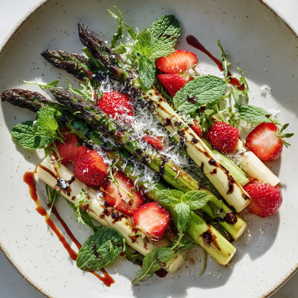 Spargel-Erdbeer-Salat vom Grill – Draufsicht auf den fertigen Salat mit Erdbeeren und Dressing