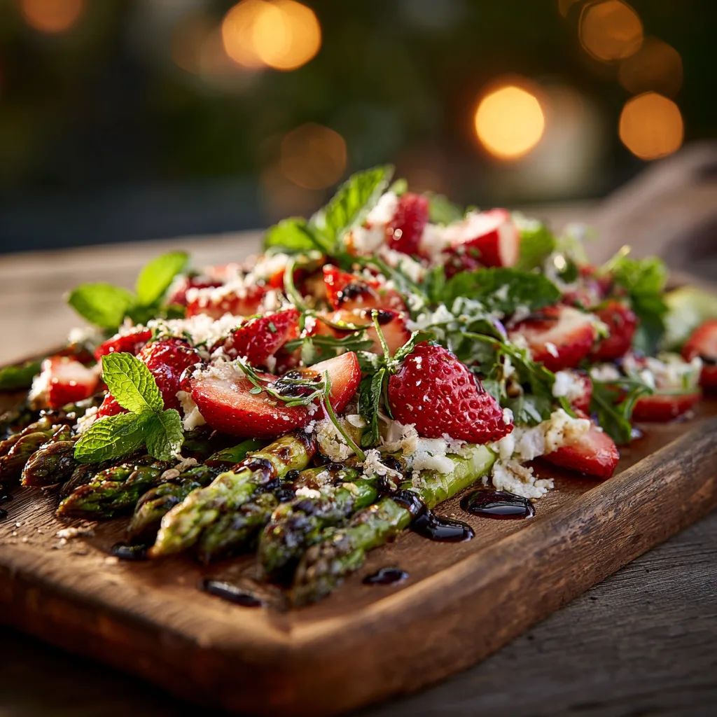 Fertiger Spargel-Erdbeer-Salat vom Grill auf einem rustikalen Holzbrett serviert