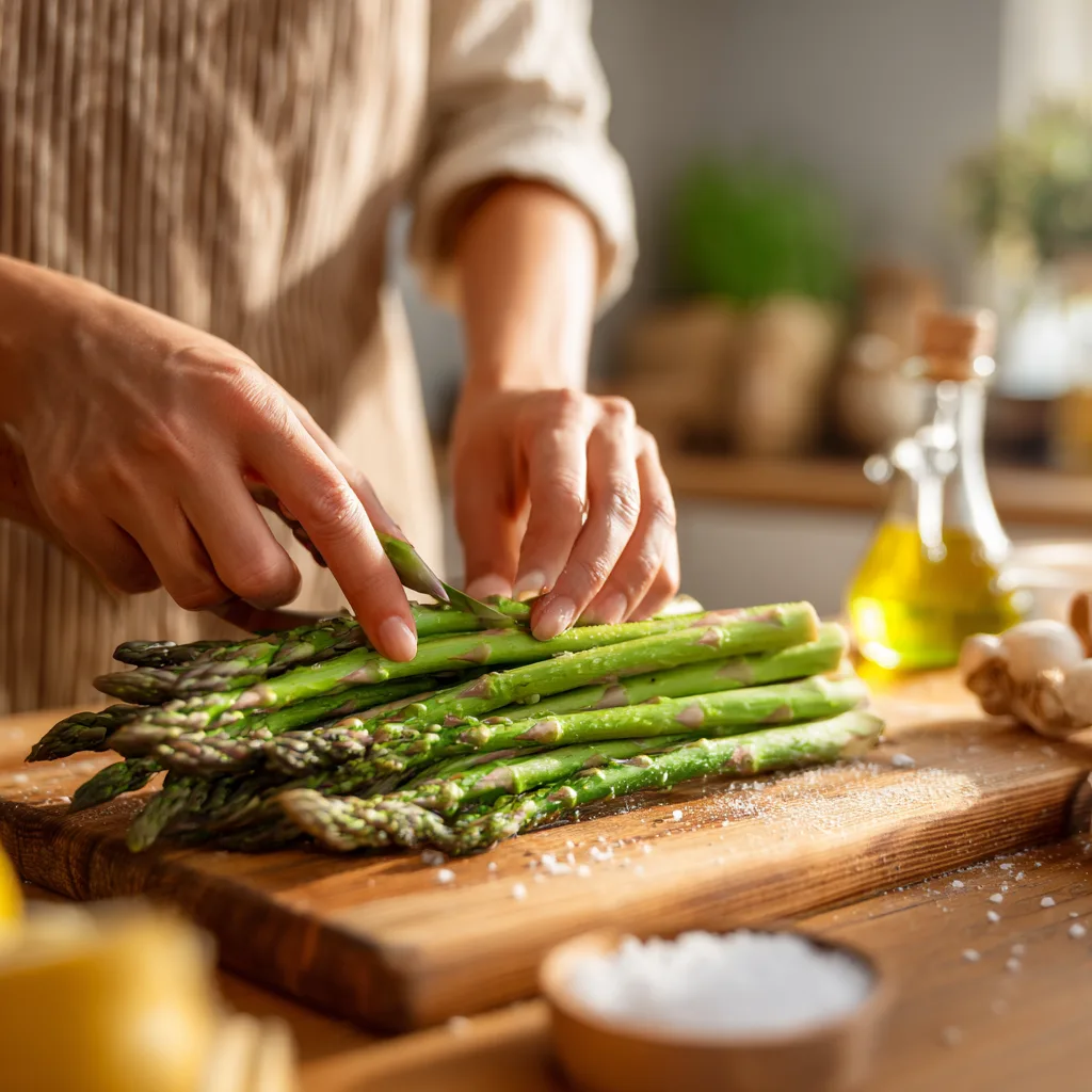 Grünen Spargel für Spargel-Erdbeer-Salat vom Grill vorbereiten – Enden abbrechen
