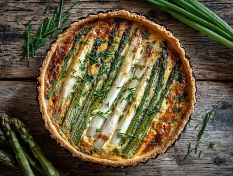 Spargel-Quiche von oben mit weißem und grünem Spargel auf rustikalem Holztisch