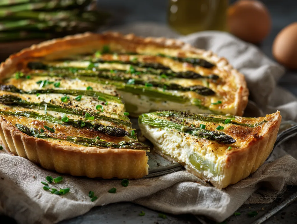 Fertig gebackene Spargel-Quiche mit aufgeschnittenem Stück und frischen Kräutern